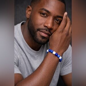 Blue and White Beaded Stretchy Bracelet